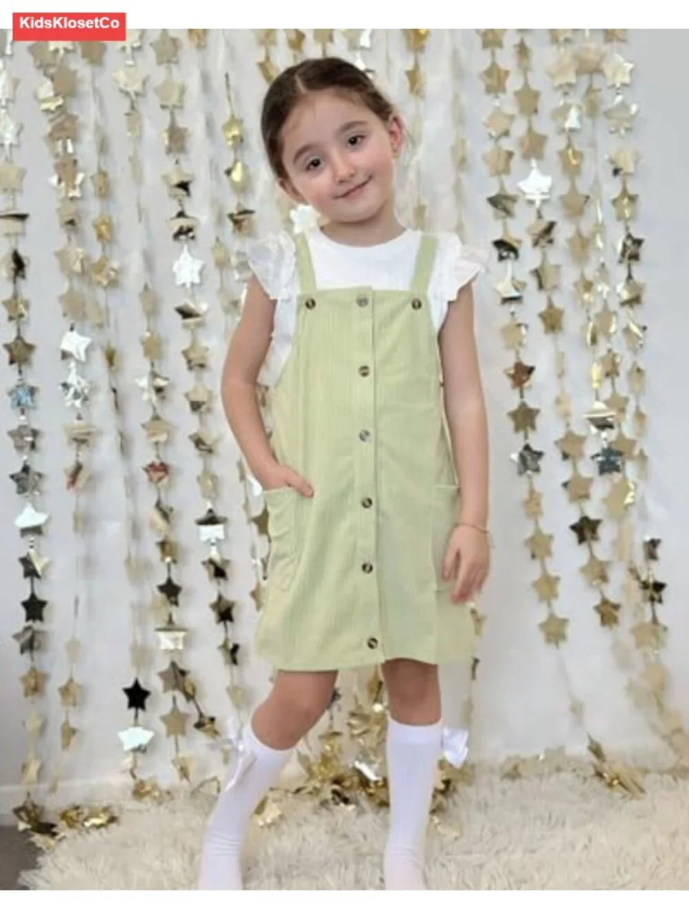 Corduroy Button Down Overall Dress Set with Ruffle Sleeve Tee